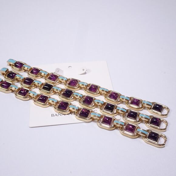 NWT 68 Banana Republic Gold Purple Stone Blue Enamel Link Clasp Bracelet - Picture 4 of 7